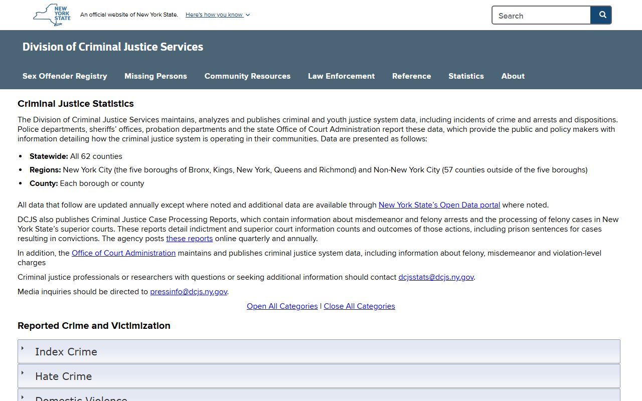 DCJS criminal justice statistics page for Ramapo area arrest data