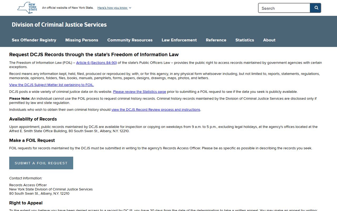 DCJS FOIL information page for requesting Buffalo arrest records